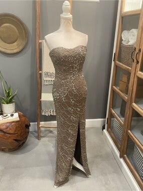 Scala Silk Embellished Strapless Taupe Evening Dress